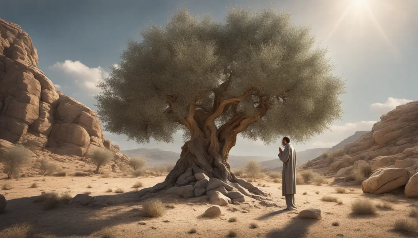 Imagem de uma pessoa orando sob a luz divina em frente a uma oliveira resistente no meio de um deserto rochoso, representando a religiosidade e resiliência na superação de desafios.