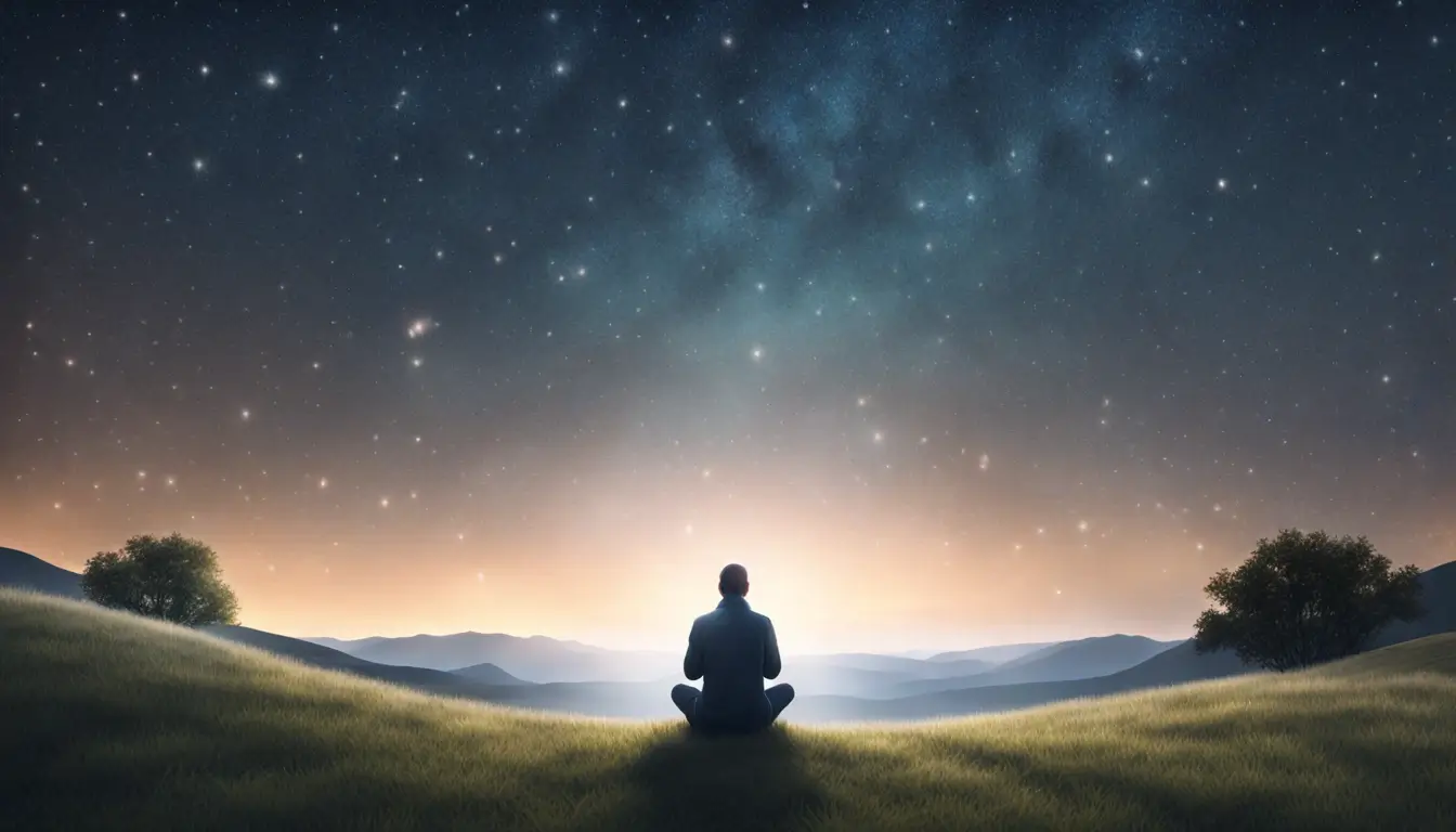 Imagem de uma pessoa ajoelhada em uma colina gramada sob um céu estrelado, orando com uma aura translúcida de luz suave em torno dela, simbolizando a transformação espiritual.