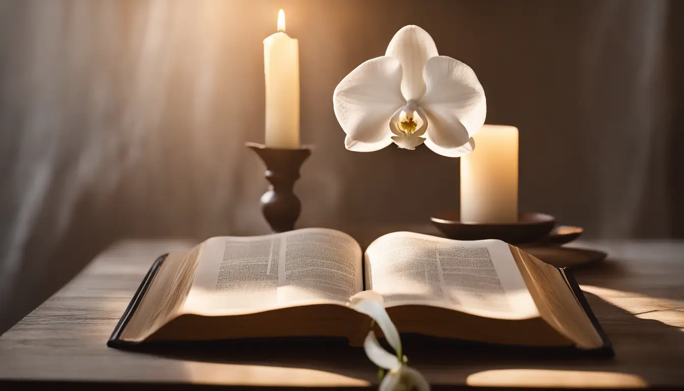 Imagem de uma Bíblia aberta ao lado de uma vela acesa, um pequeno crucifixo e uma orquídea branca em flor, sob a luz suave do sol da manhã para post sobre orações de cura.