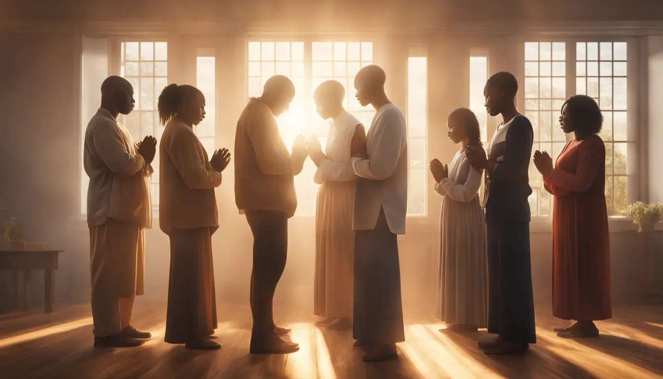Grupo de pessoas diversas rezando juntas em círculo, iluminadas pela luz dourada do sol que filtra através de uma janela aberta, mostrando como a oração pode mudar vidas.
