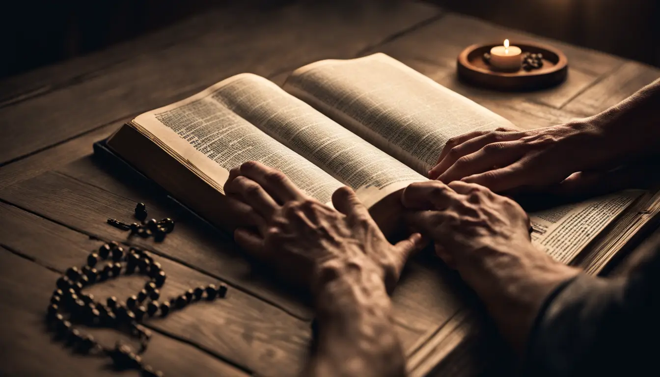Imagem de uma pessoa ajoelhada em oração, tocando um rosário, em um quarto pouco iluminado com uma janela grande iluminando uma Bíblia antiga na mesa, simbolizando a busca por coragem na fé.