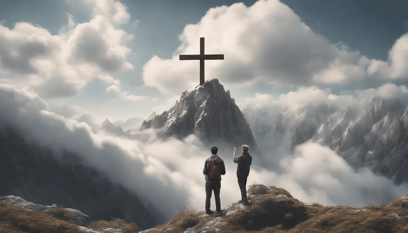 Indivíduo segurando uma cruz de madeira no pé de uma montanha íngreme, olhando para o topo envolto em nuvens brancas, simbolizando a fé conduzindo à transformação pessoal.