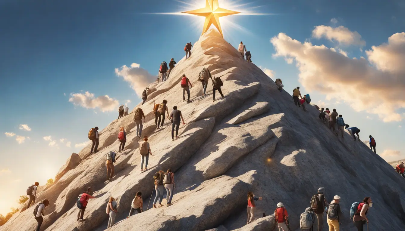 Grupo diversificado de pessoas superando um grande obstáculo, uma montanha, em direção a uma estrela dourada representando fé. Ideal para o tema Pessoas que Usaram a Fé para Superar Obstáculos.