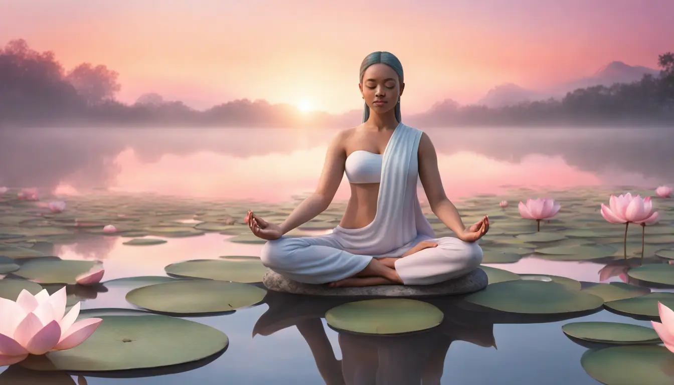 Imagem de meditador tranquilo sentado na posição de lótus em um seixo grande e liso no centro de um lago calmo com flores de lótus flutuantes, sob um céu amanhecer pastel.