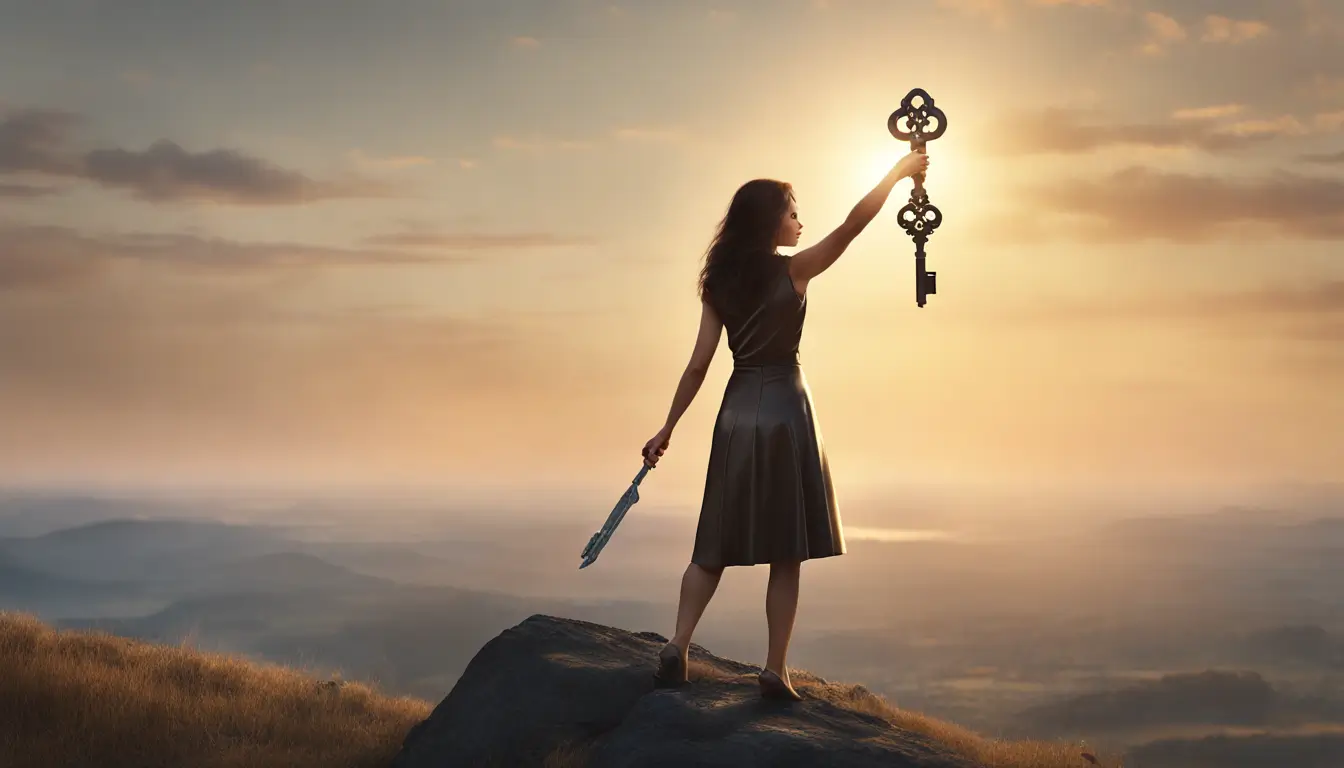 Mulher confiante segurando uma chave dourada brilhante no topo de uma colina ao amanhecer, representando a fé como ferramenta de empoderamento pessoal.