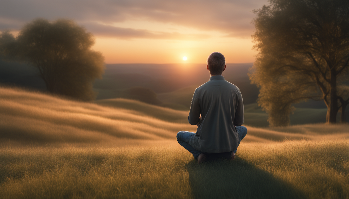 Imagem de uma pessoa orando com gratidão ao pôr do sol, transmitindo a tranquilidade e a paz na prática da oração.