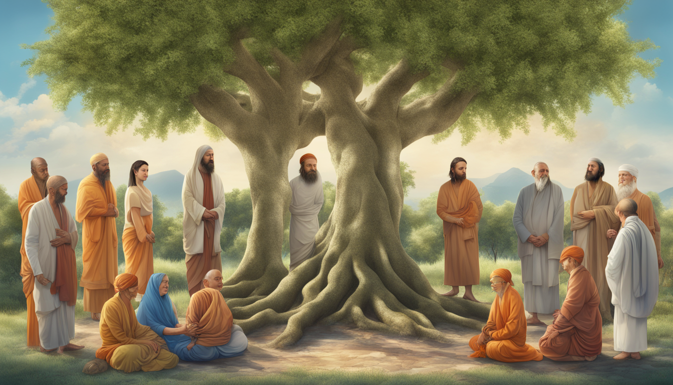Imagem representando a diversidade religiosa com símbolos de diversas crenças sob uma grande árvore, refletindo as diferentes formas de expressar a fé.