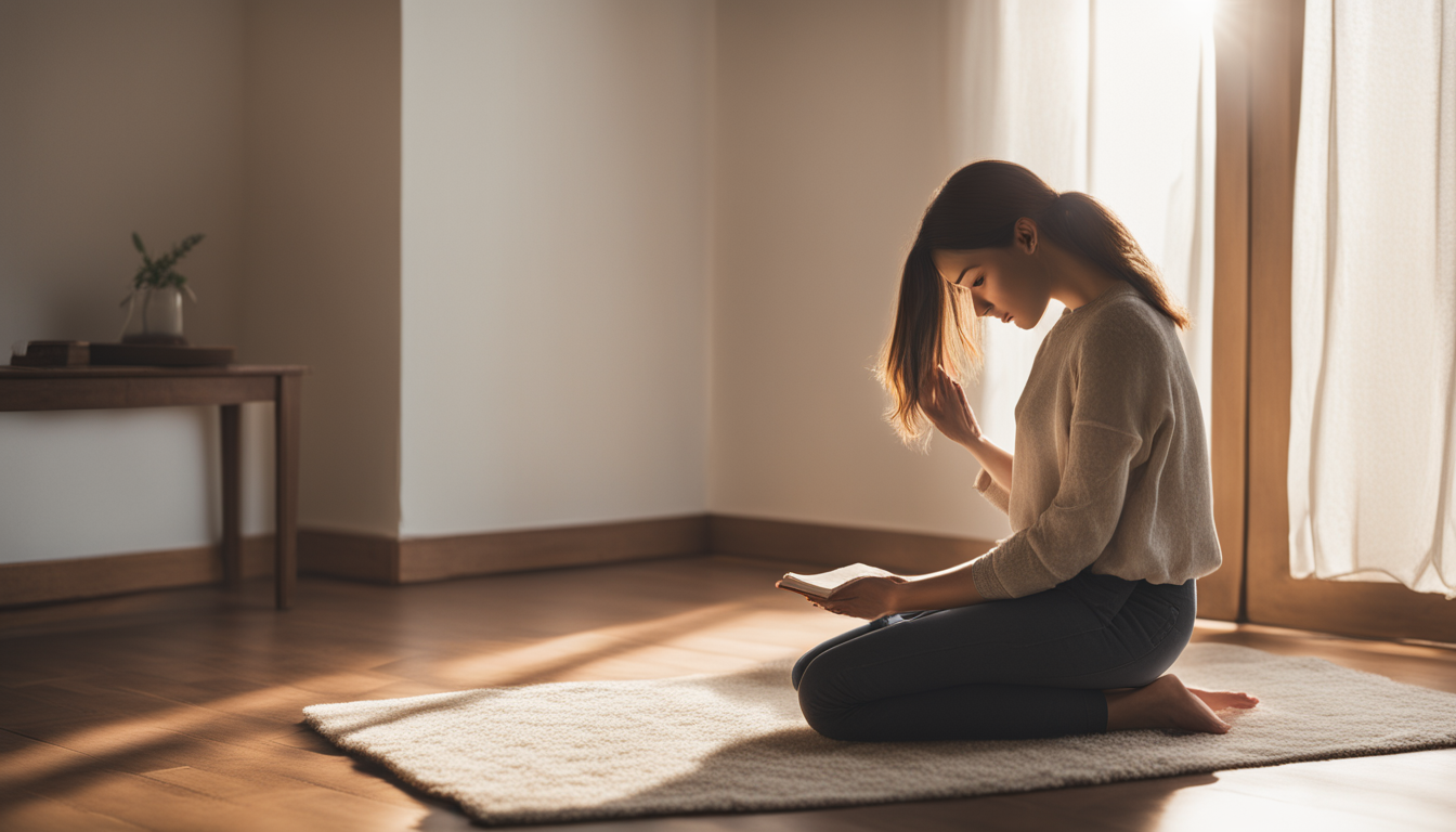 Mulher orando ajoelhada em um cenário matinal pacífico, com uma Bíblia aberta próxima, representando a manutenção de uma rotina de orações consistente.
