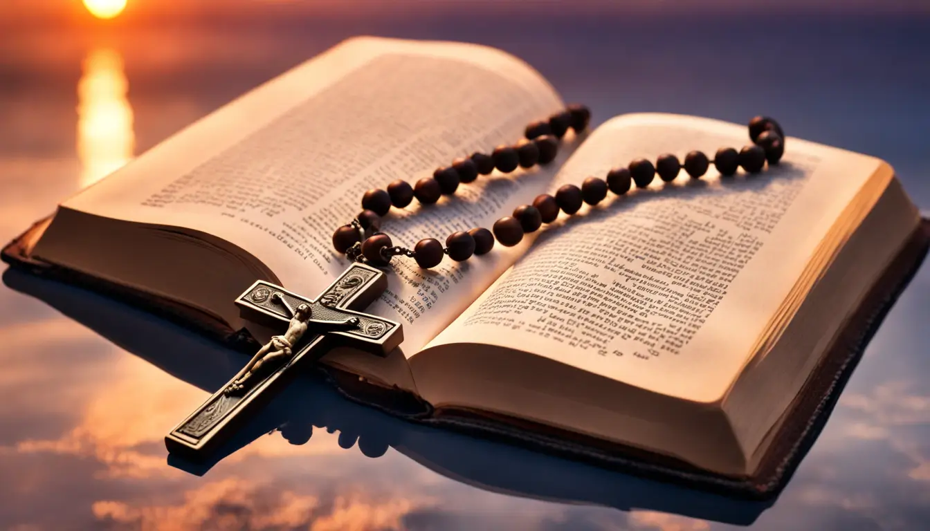 Imagem de um rosário de madeira sobre uma Bíblia aberta sob a luz do pôr do sol com um fundo de céu azul crepuscular, representando orações para fortalecer a fé.