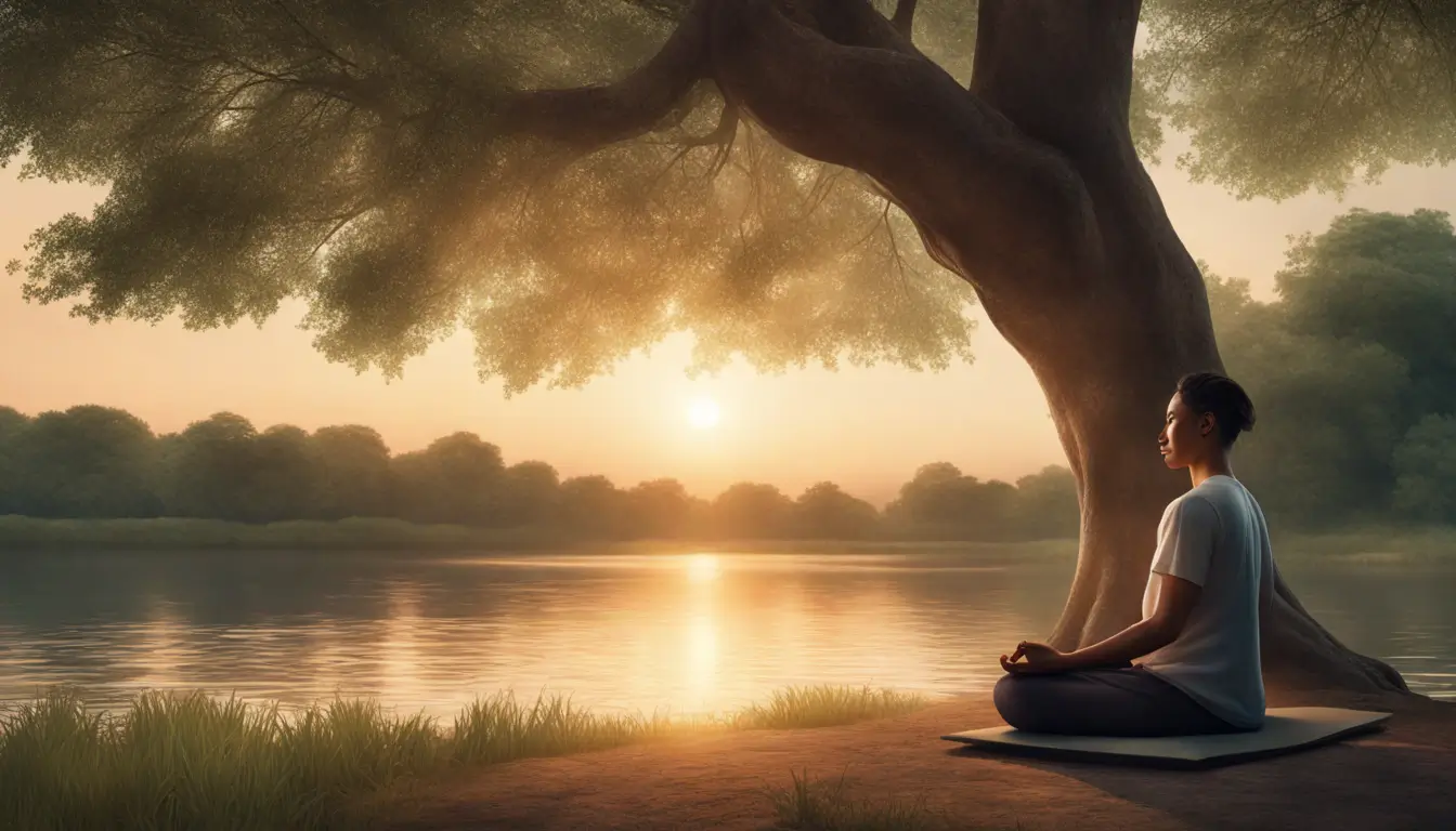 Imagem de uma pessoa meditando pacificamente sob uma grande árvore frondosa ao pôr do sol, com um rio calmo ao lado e uma luz suave emanando do coração da pessoa, representando espiritualidade e bem-estar.