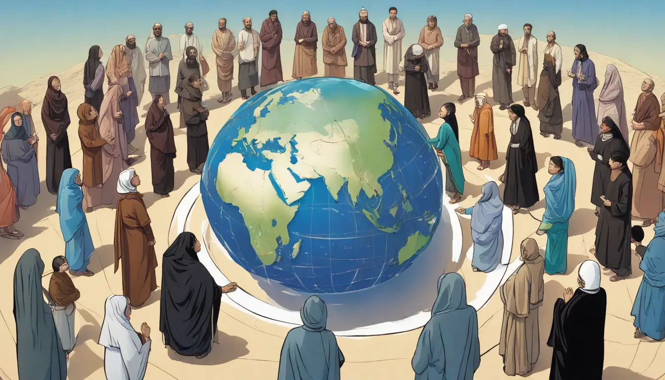 Grupo diversificado de pessoas em trajes religiosos representando várias crenças ao redor de um globo de vidro, simbolizando a influência da fé na cultura global.