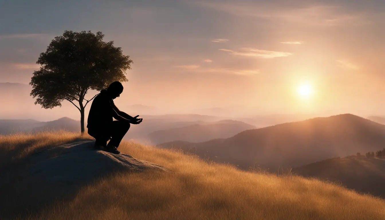 Silhueta humana ajoelhando em colina ao nascer do sol, com as mãos unidas em oração e brilho suave emanando da figura, representando o poder da fé na vida.