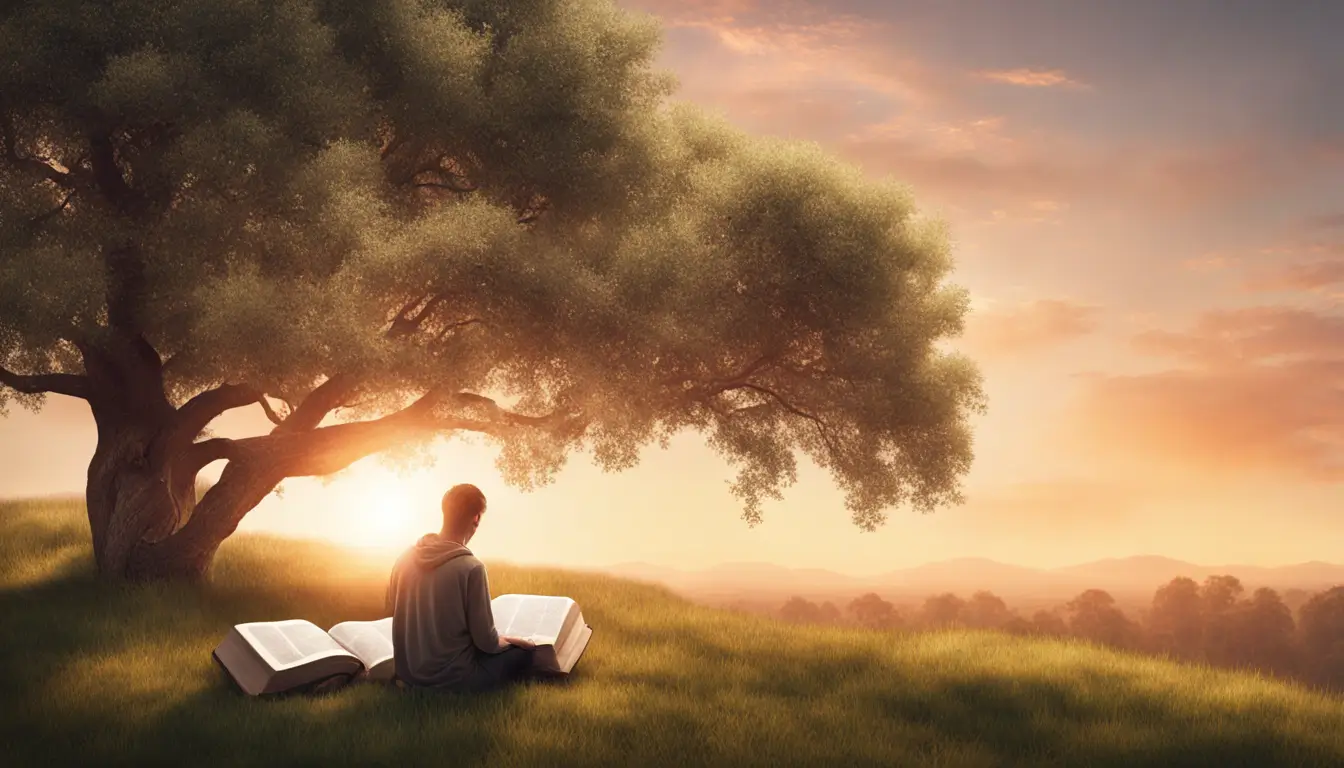 Imagem de uma pessoa serena sentada em uma colina ao pôr do sol, refletindo luz em uma grande Bíblia aberta em seu colo, cercada por elementos naturais suaves como grama e árvores, representando reflexão sobre a fé.