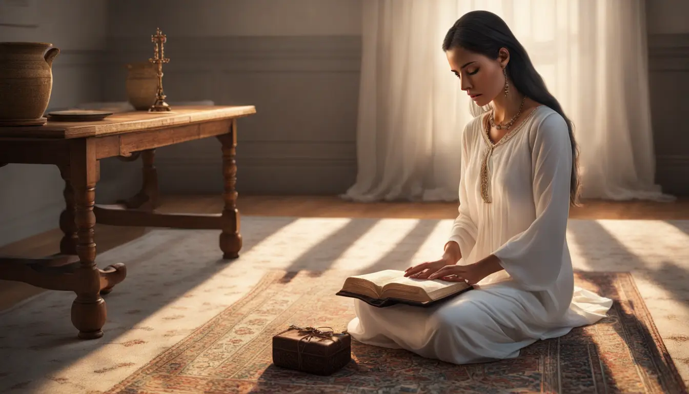 Mulher orando serenamente no início da manhã, retratando a consistência da rotina de orações. Ela está ajoelhada em um tapete persa com um rosário de contas de madeira e uma bíblia aberta ao seu lado.