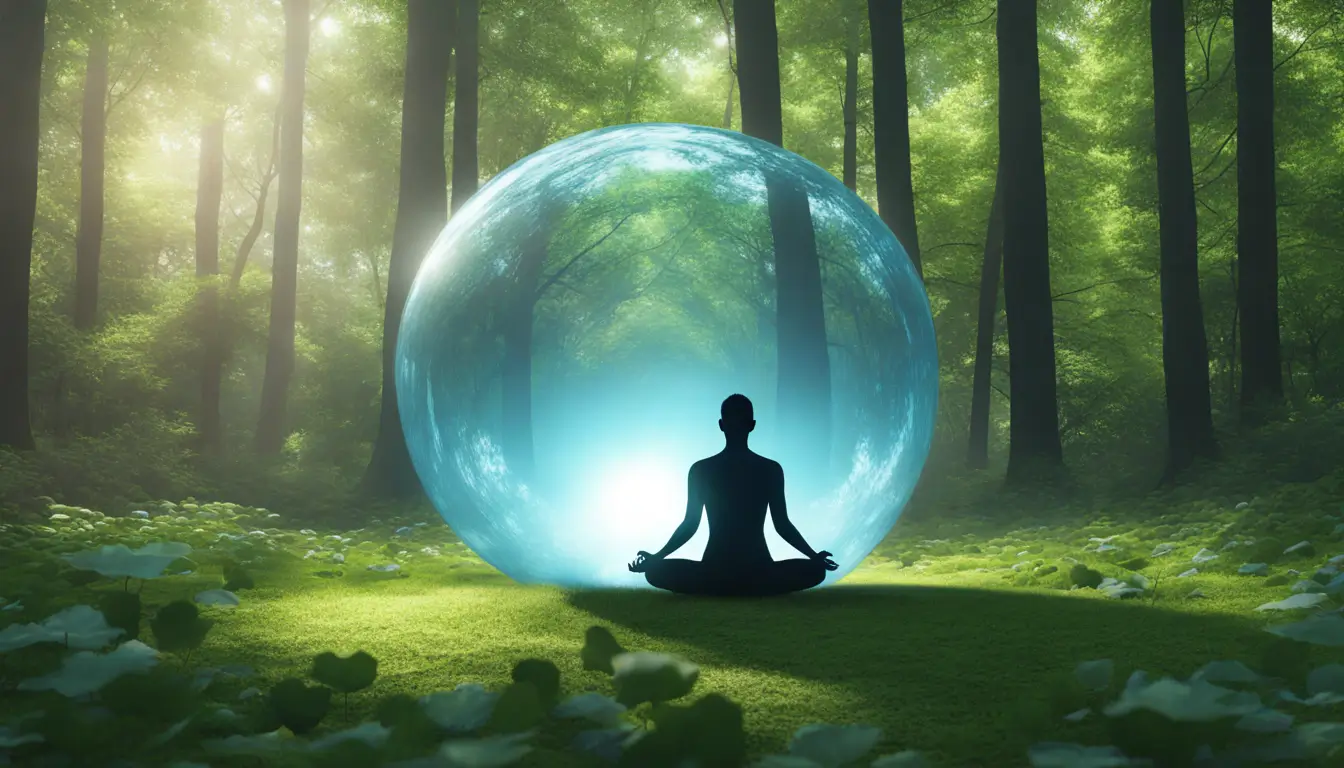 Ilustração de uma silhueta humana meditando em posição de lótus, com aura brilhante, céu azul tranquilo e floresta verde ao fundo.