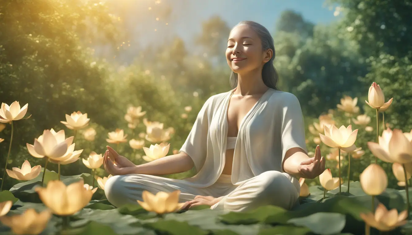 Imagem de figura humana serena meditando no jardim com aura dourada, simbolizando orações e positividade para despertar a alegria interior.