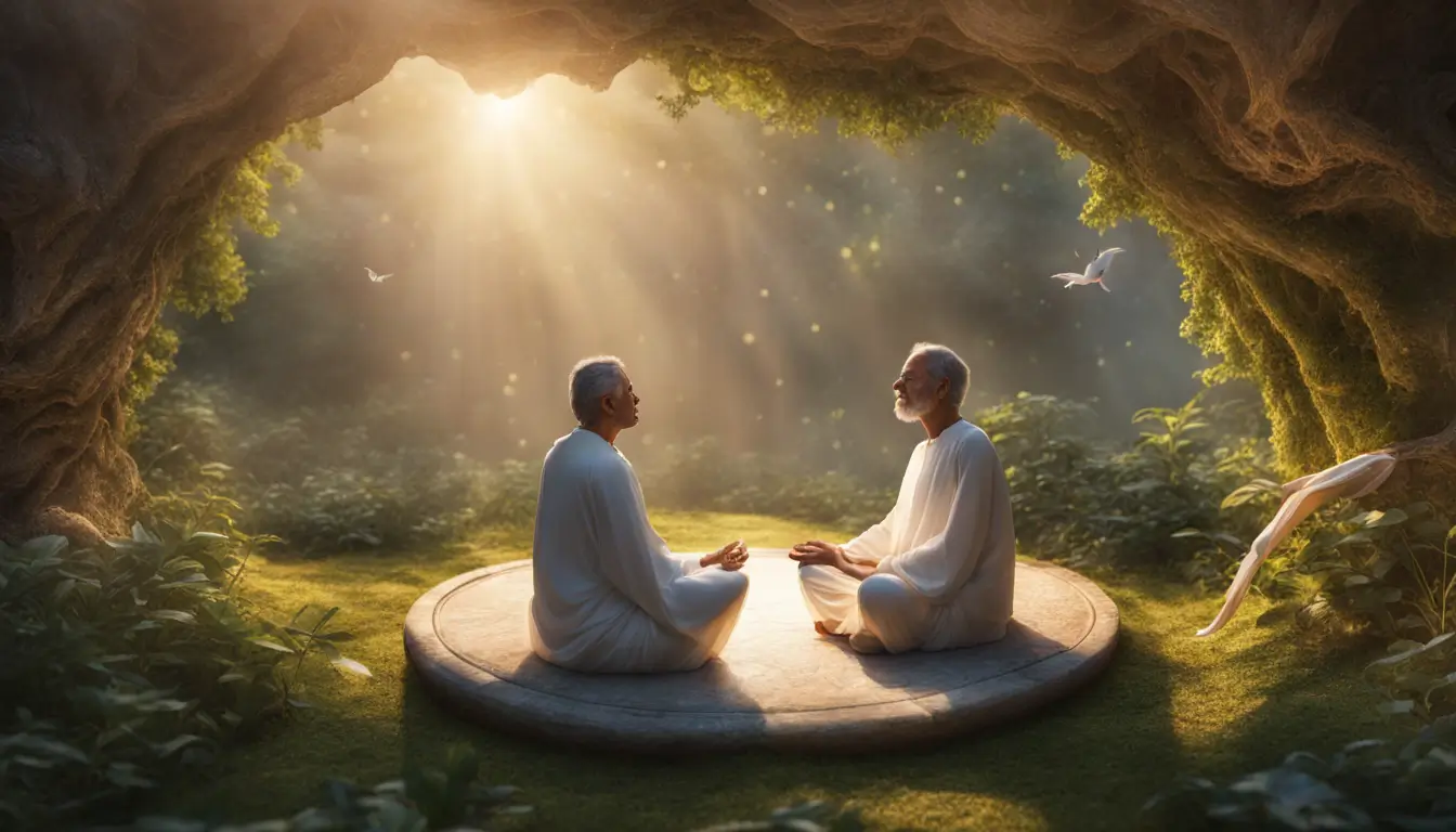Indivíduo meditando com símbolos religiosos em halo de luz, sentado em labirinto de seixos no jardim ao amanhecer, representando transformação interior pela fé.