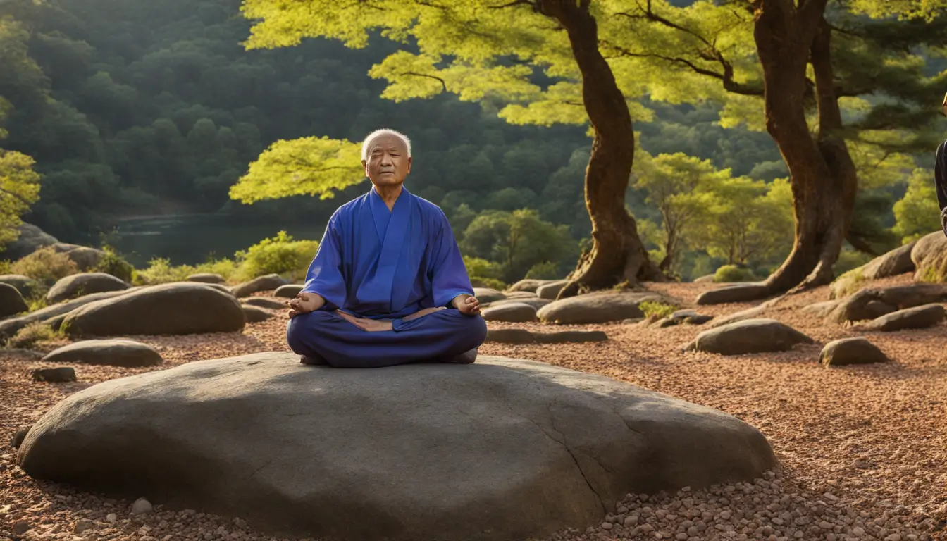 Imagem de um monge em meditação, transmitindo tranquilidade e equilíbrio em um jardim japonês, simbolizando paz espiritual.