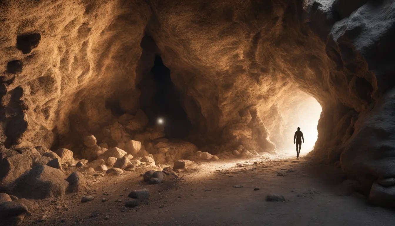 Figura humana caminha rumo à luz emanando de fenda em caverna, simbolizando a busca pelo propósito divino na jornada da vida.