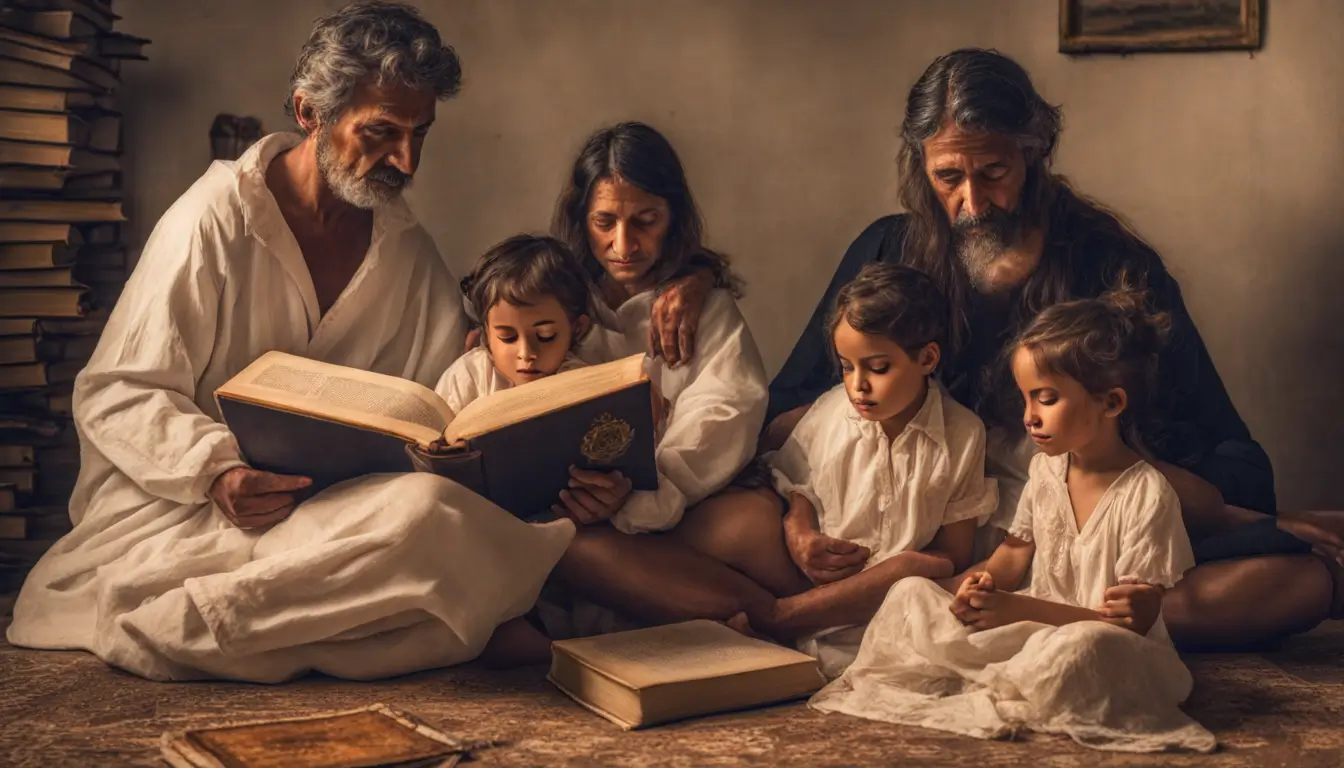 Família reunida em oração, fortalecendo laços espirituais, com vela e livro sagrado, representando 'Corações Unidos' em harmonia familiar.