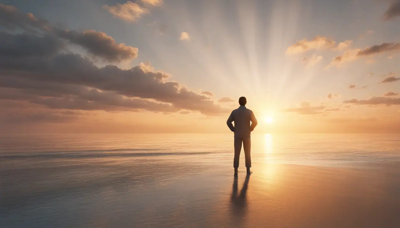 Despertar espiritual simbolizado por uma pessoa de braços abertos diante de um amanhecer tranquilo no oceano, com raios de sol aquecendo a cena.
