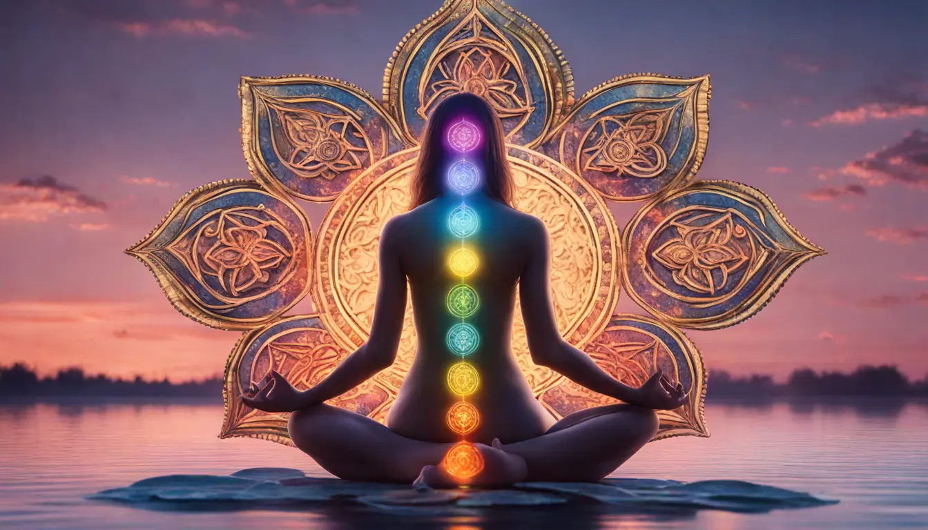 Imagem de uma pessoa meditando com símbolos dos chakras coloridos alinhados acima, sobre uma flor de lótus flutuante, representando espiritualidade e decisão.