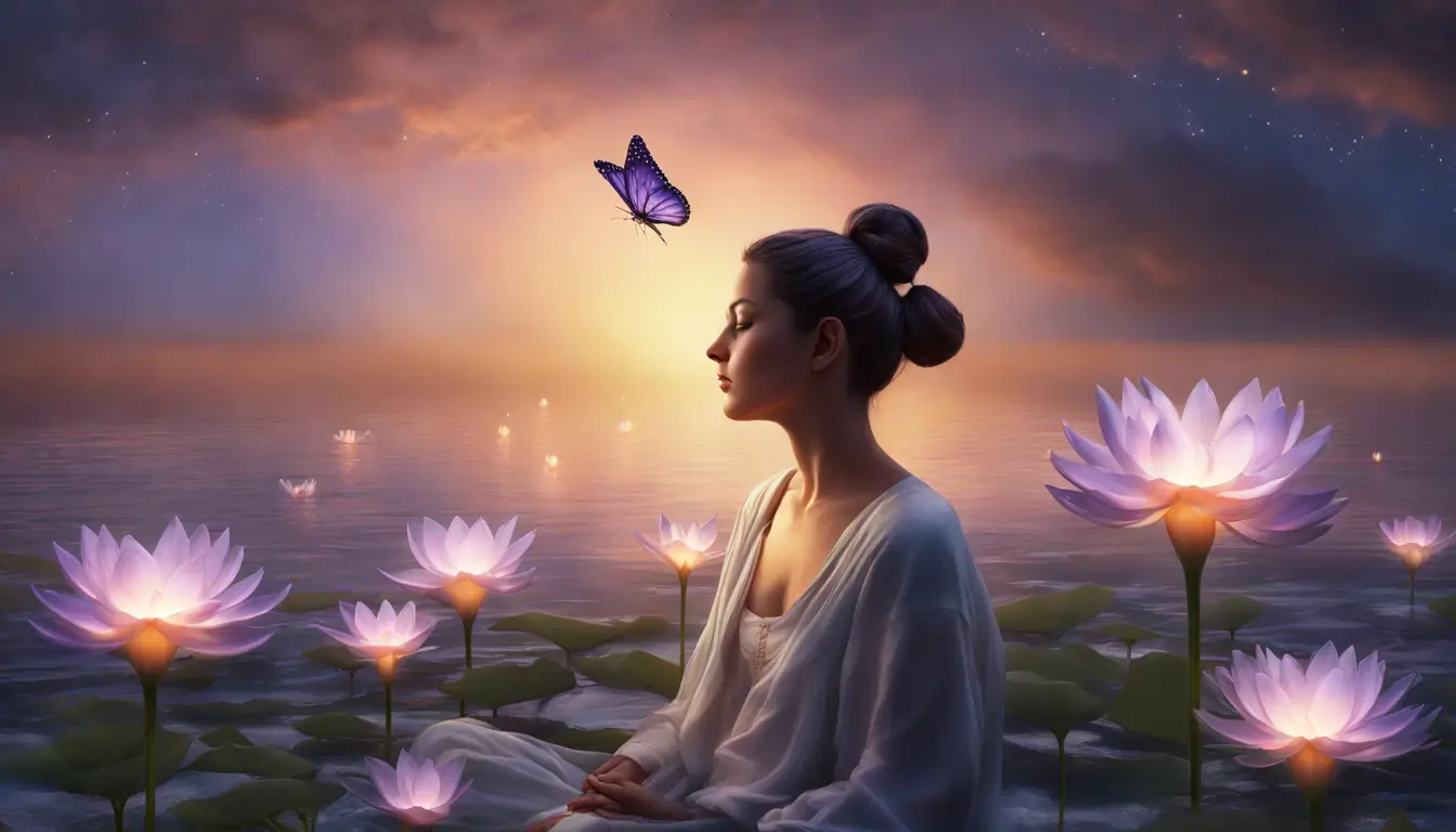 Pessoa em estado de meditação sobre flor de lótus simbolizando a transformação espiritual, perfeito para o artigo sobre passos para uma evolução espiritual duradoura.