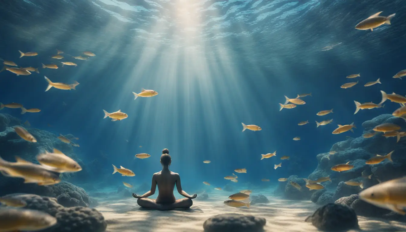 Imagem serena de uma pessoa em posição de lótus meditando sob a água, cercada por peixes e raios de luz, representando transformações profundas.