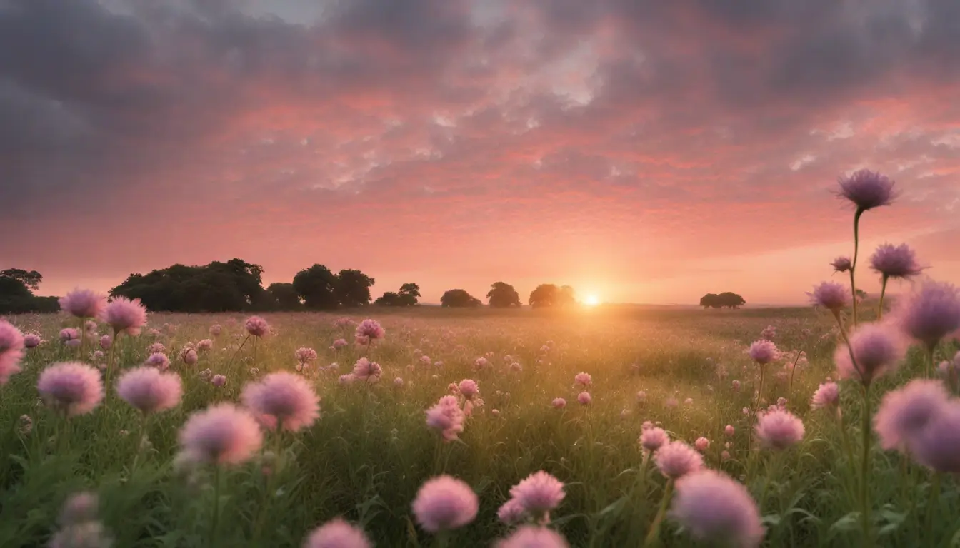 Imagem representando a gratidão e oração ao amanhecer, com pessoa ajoelhada e mãos unidas em um campo florido, ideal para post sobre poder da gratidão.