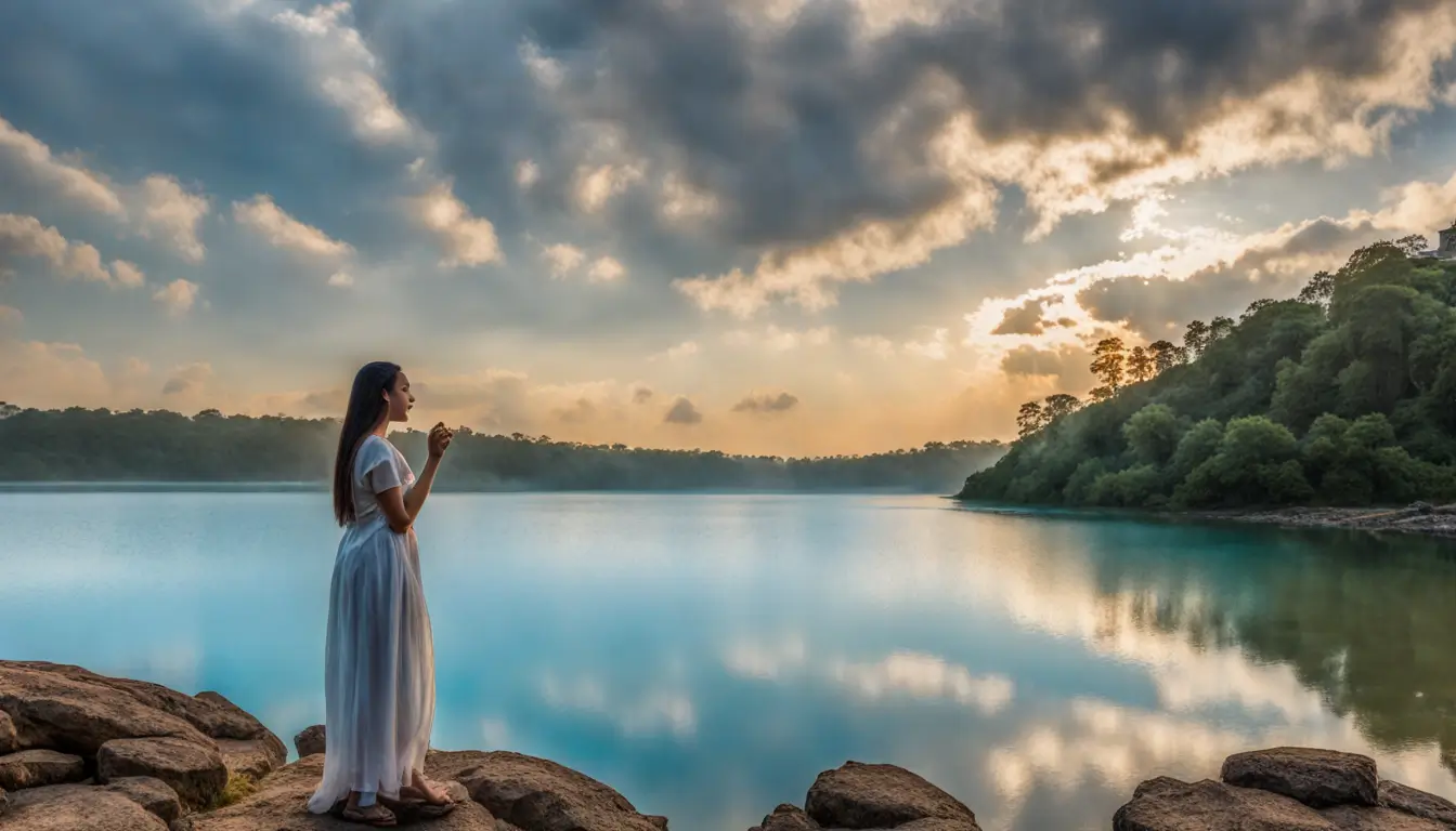 Imagem de uma mulher meditando em lótus num lago com lírios, transmitindo paz e equilíbrio para corpo e espírito, perfeita para o artigo 'O Equilíbrio da Alma'.