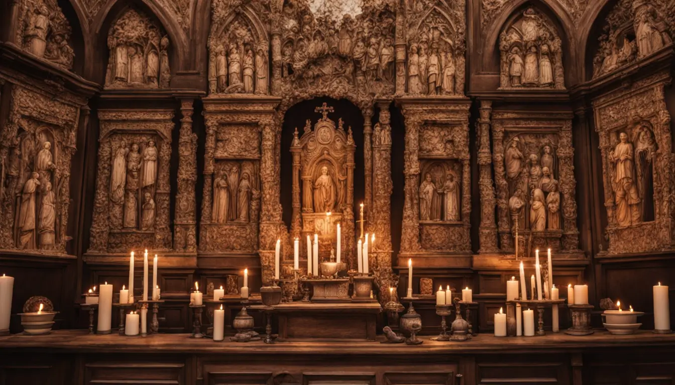 Interior tranquilo de capela com altar e Bíblia para orações, iluminado por vitrais e velas, ideal para momentos de sintonia divina e espiritualidade.