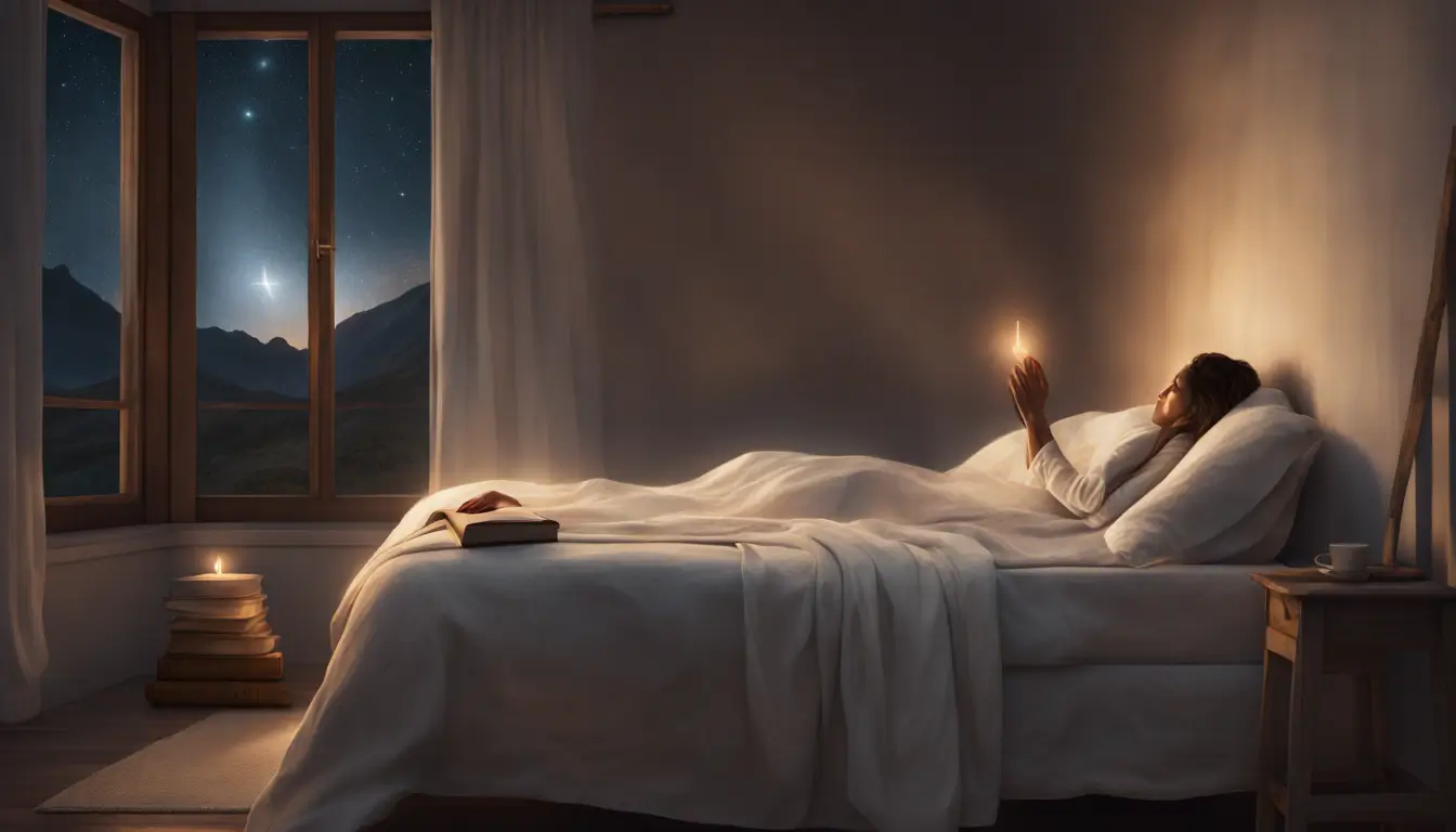 Figura ajoelhada em oração ao lado de uma cama com linhas brancas, sob a luz suave da lua e estrelas através de uma janela aberta.