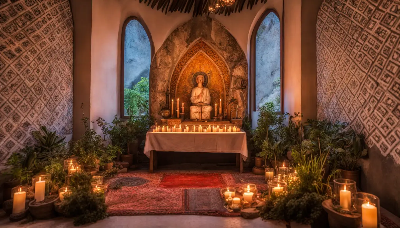 Tapete de meditação com velas e pedras cristalinas em piso de madeira, altar espiritual e incenso ao amanhecer para um espaço sagrado de orações.