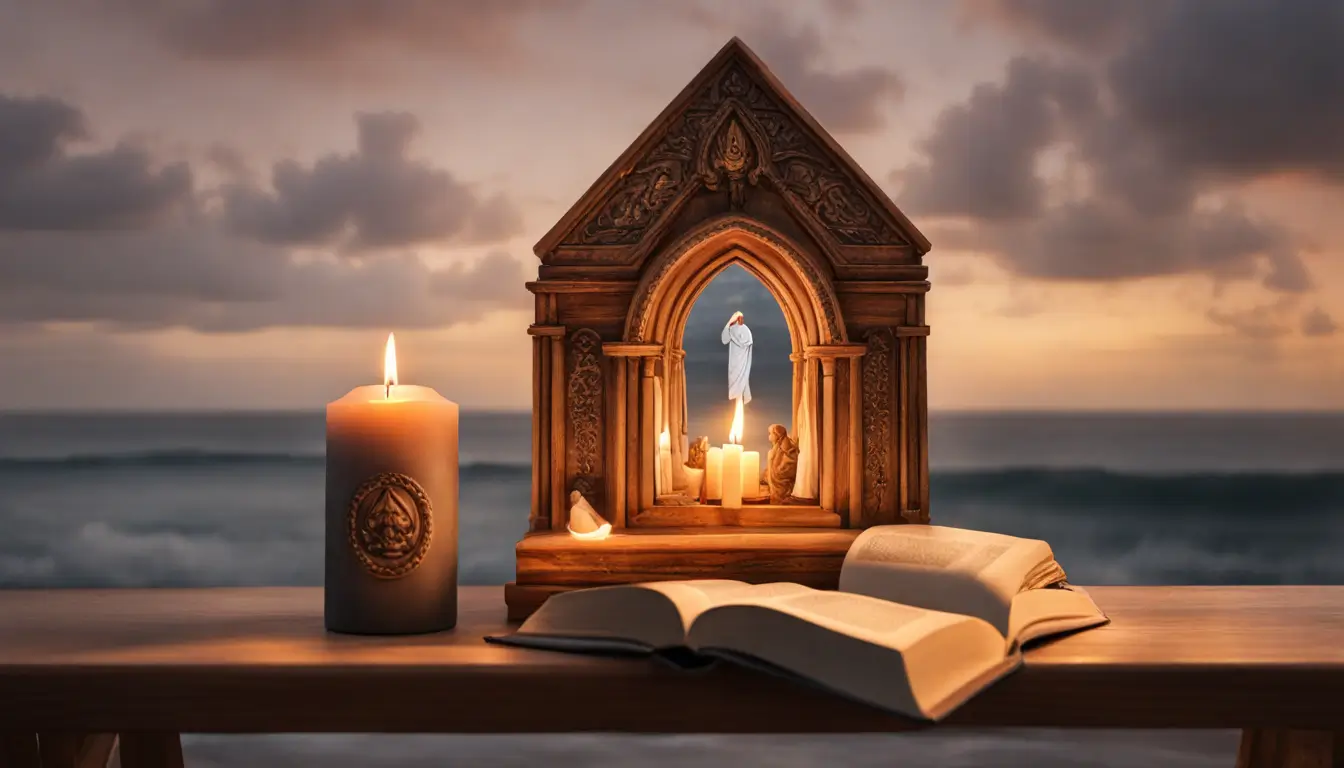 Indivíduo em oração diante de um altar doméstico simbolizando a fé e a religiosidade no cotidiano, com uma vela e ícones sagrados.