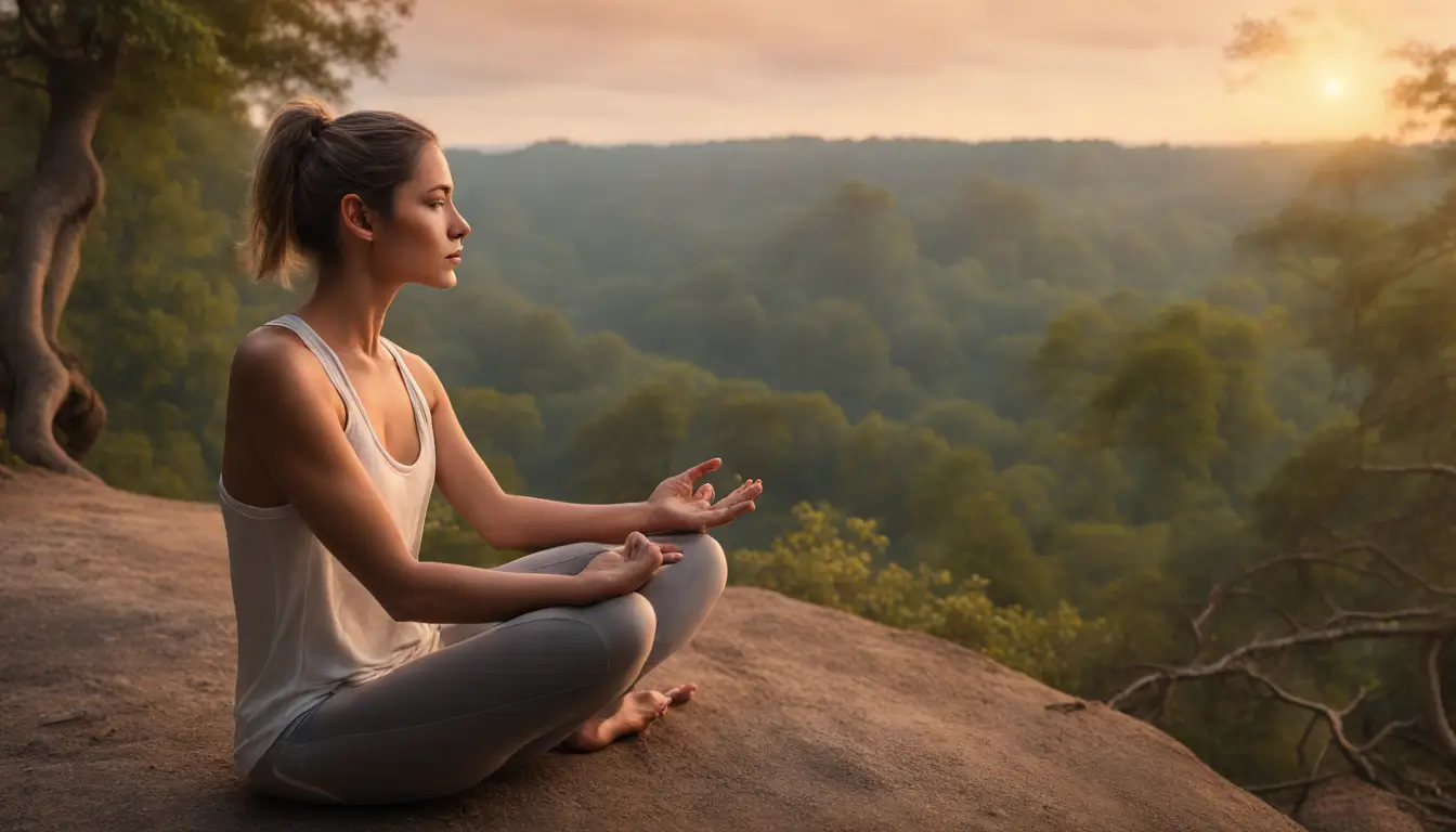 Meditação ao amanhecer no topo da montanha com floresta ao redor, promovendo conexão espiritual com a natureza.