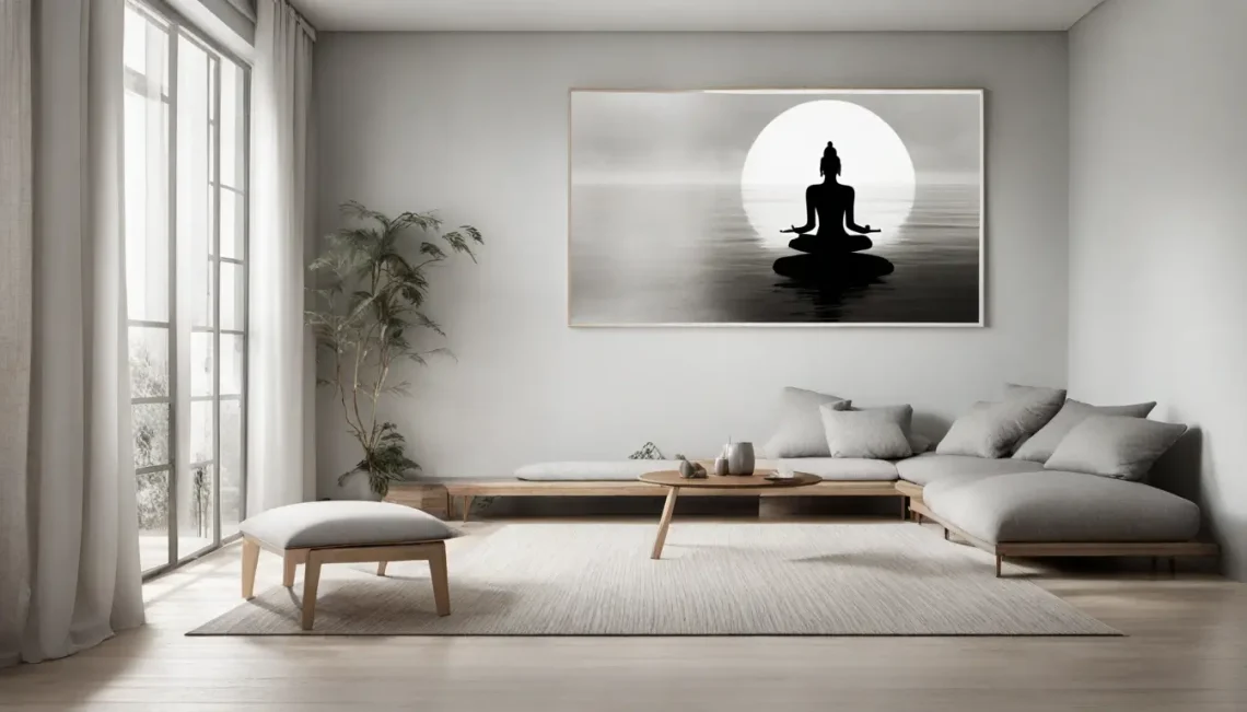 Foto ilustrando meditação mindfulness com pessoa em lótus, decoração zen e elementos de calma para harmonia interior.