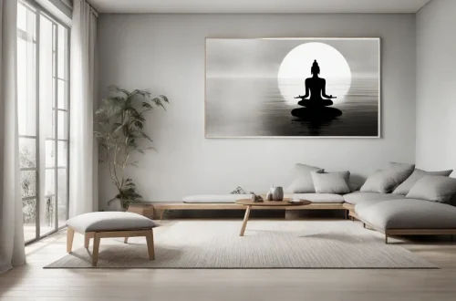 Foto ilustrando meditação mindfulness com pessoa em lótus, decoração zen e elementos de calma para harmonia interior.