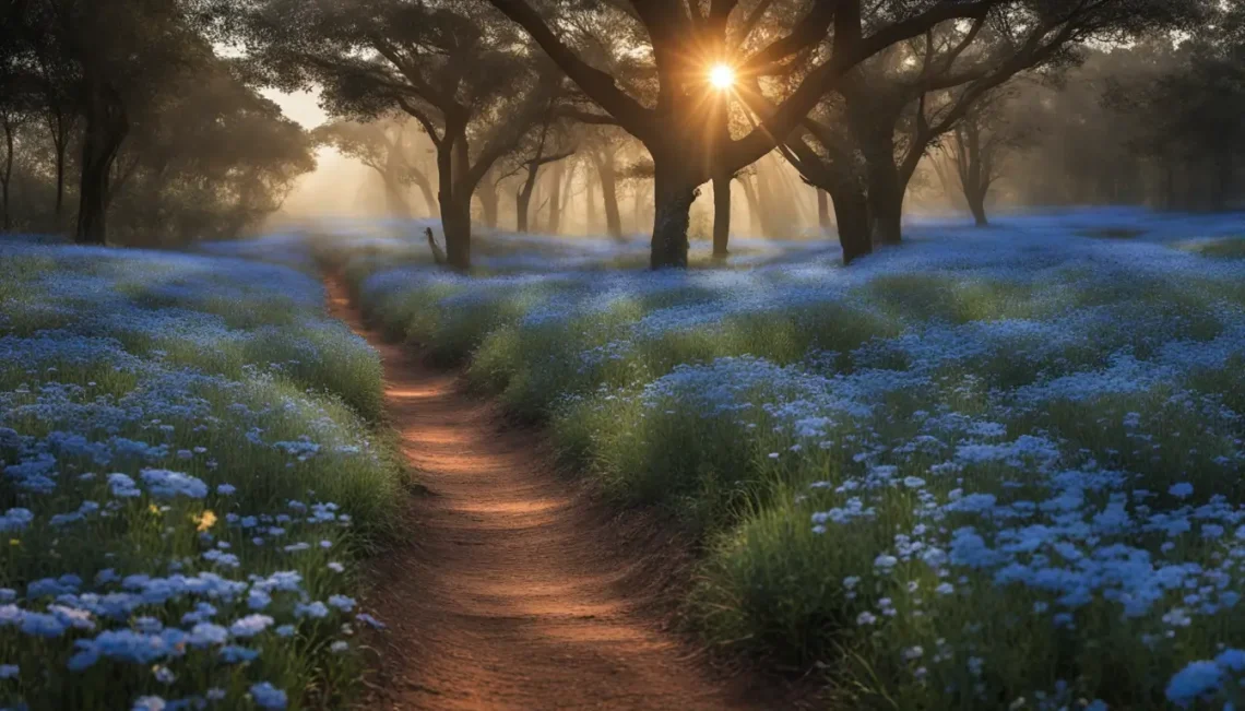 Caminho de terra iluminado por uma lanterna e raios de sol no campo florido, representando esperança e inspiração para o artigo "Luz no Caminho".