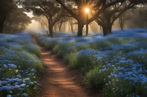 Caminho de terra iluminado por uma lanterna e raios de sol no campo florido, representando esperança e inspiração para o artigo "Luz no Caminho".
