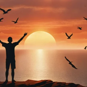 Silhueta de uma pessoa com braços erguidos em um penhasco, diante de um pôr do sol radiante no oceano, simbolizando superação e religiosidade.