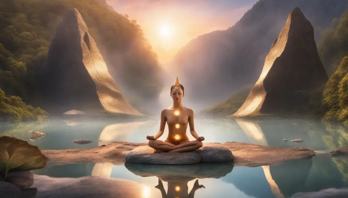 Imagem de uma pessoa meditando com chakras coloridos em um cenário pacífico com lago e árvores, representando elevação espiritual para o blog Vibrações Positivas.