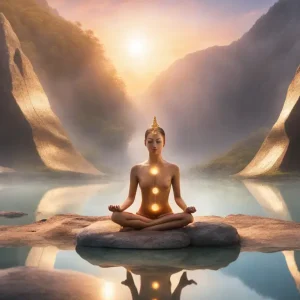 Imagem de uma pessoa meditando com chakras coloridos em um cenário pacífico com lago e árvores, representando elevação espiritual para o blog Vibrações Positivas.