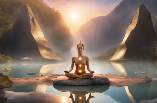 Imagem de uma pessoa meditando com chakras coloridos em um cenário pacífico com lago e árvores, representando elevação espiritual para o blog Vibrações Positivas.