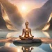 Imagem de uma pessoa meditando com chakras coloridos em um cenário pacífico com lago e árvores, representando elevação espiritual para o blog Vibrações Positivas.