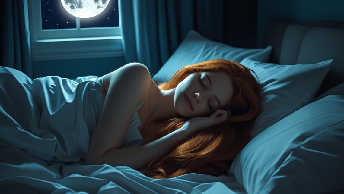 pessoa deitada em sua cama dormindo calmamente no escuro do quarto com a lua iluminando