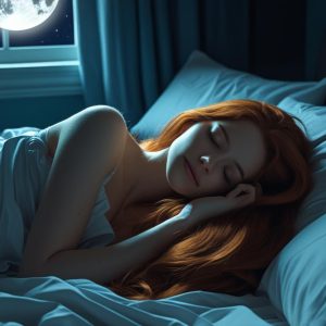 pessoa deitada em sua cama dormindo calmamente no escuro do quarto com a lua iluminando