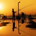Fishermen cast silhouettes against a glowing orange sunset in Rio de Janeiro, creating a serene and reflective scene.