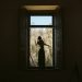 Silhouette of a person standing in a window frame overlooking nature. Captures solitude and reflection.