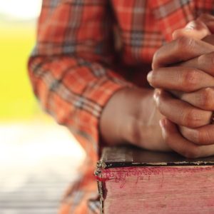 Close-up of clasped hands resting on a book outdoors, symbolizing prayer and reflection.
