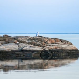 Serene landscape of a rocky shoreline and calm sea at twilight.